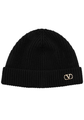 Valentino Garavani V-logo Ribbed Cashmere Beanie - Black - One Size