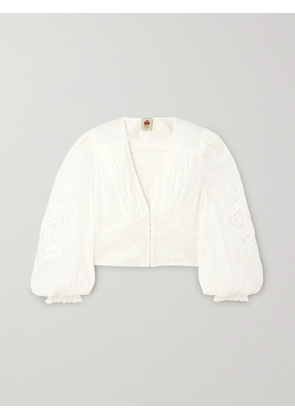 Farm Rio - Lace-trimmed Cotton-voile Blouse - Off-white - x small,small,medium,large,x large