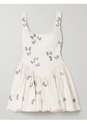 Agua by Agua Bendita - Pluma Lymanopoda Appliquéd Gathered Linen Mini Dress - Ivory - x small,small,medium,large,x large