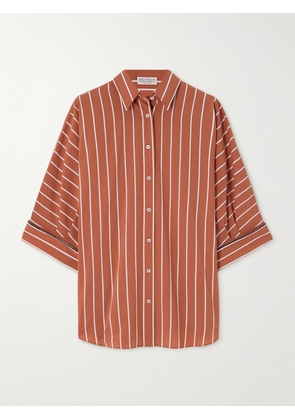 Brunello Cucinelli - Bead-embellished Striped Cotton-blend Poplin Shirt - Orange - xx small,x small,small,medium,large,x large,xx large
