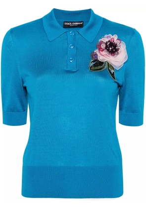 Dolce & Gabbana floral-appliqué knit polo shirt - Blue