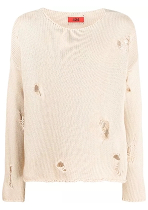 424 ripped-detail crew-neck sweatshirt - Neutrals