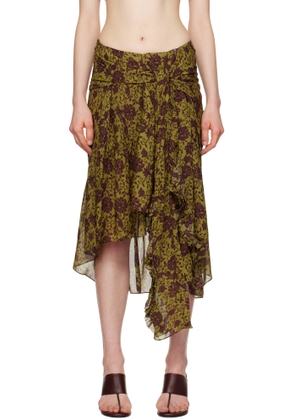 Dries Van Noten Green & Burgundy Floral Midi Skirt