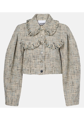Ganni Cropped cotton tweed jacket