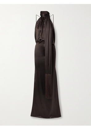 The Attico - Fringed Draped Silk-satin Maxi Dress - Brown - IT38,IT40,IT42