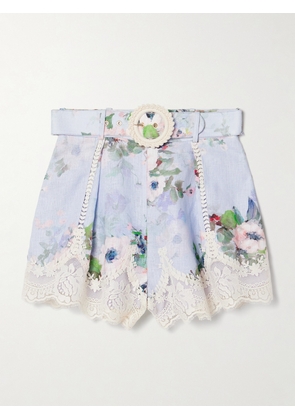 Zimmermann - Everley Belted Pleated Lace-trimmed Floral-print Linen Shorts - Blue - 00,0,1,2,3,4