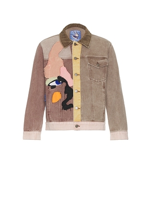 KidSuper Patchwork Face Colorblocked Twill Jacket in Brown. Size L, XL.