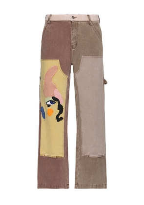 KidSuper Patchwork Face Double Knee Pants in Brown. Size S, XL.