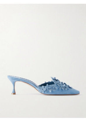 Manolo Blahnik - Harnes 50 Appliquéd Suede Mules - Blue - IT36,IT36.5,IT37,IT37.5,IT38,IT38.5,IT39,IT39.5,IT40,IT40.5,IT41,IT41.5,IT42