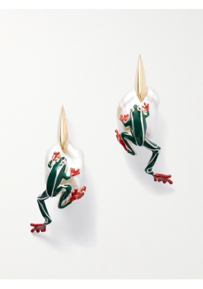 Bottega Veneta - Gold-tone, Pearl And Enamel Earrings - Green - One size