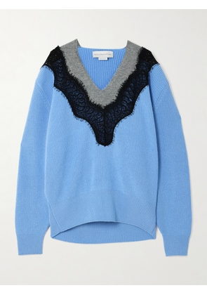 Stella McCartney - Oversized Lace-trimmed Ribbed Wool Sweater - Blue - xx small,x small,small,medium,large,x large
