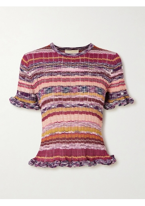 Ulla Johnson - Miya Ruffled Striped Ribbed-knit Sweater - Red - x small,small,medium,large,x large