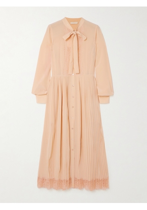 Ulla Johnson - Aviana Pussy-bow Lace-trimmed Pleated Silk Crepe De Chine Dress - Neutrals - US0,US2,US4,US6,US8,US10,US12