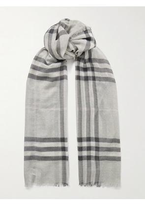 Burberry - Fringed Checked Wool Scarf - Gray - One size