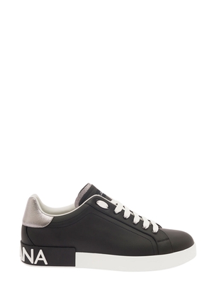 Dolce & Gabbana portofino Black Low Top Sneakers With Metal Heel Tab And Logo Patch In Leather Man