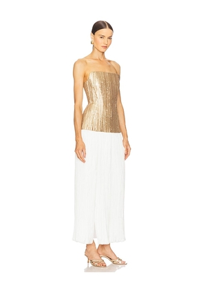 Prabal Gurung Strapless Straight Neck Sequin Dress W/ Plisse Skirt in Metallic Gold,White. Size 0. Also in 2, 4, 6.