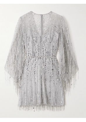 Jenny Packham - Oberon Ammonite Embellished Fringed Organza Mini Dress - Silver - UK 6,UK 8,UK 10,UK 12,UK 14,UK 16