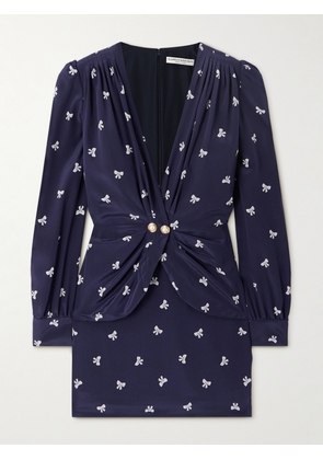 Alessandra Rich - Wrap-effect Embellished Pleated Printed Silk Crepe De Chine Mini Dress - Blue - IT36,IT38,IT40,IT42,IT44,IT46