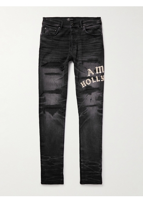 AMIRI - Hollywood Skinny-Fit Logo-Flocked Distressed Jeans - Men - Black - UK/US 29