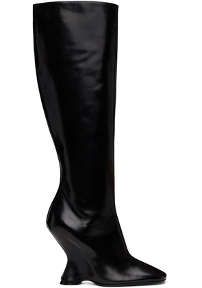 Dries Van Noten Black Leather Wedge Tall Boots