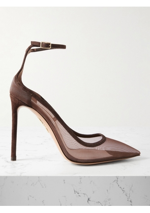 Aquazzura - Love Affair 105 Suede-trimmed Mesh Point-toe Pumps - Brown - IT36,IT36.5,IT37,IT37.5,IT38,IT38.5,IT39,IT39.5,IT40,IT40.5,IT41,IT41.5,IT42