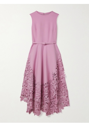 Oscar de la Renta - Belted Guipure Lace-trimmed Wool-blend Crepe Midi Dress - Pink - US0,US2,US4,US6,US8,US10