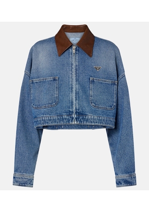 Prada Cropped leather-trimmed denim jacket