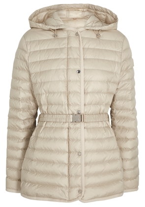 Moncler Women's Large Beige Oredon Hooded Quilted Shell Coat - Detachable Drawstring Hood - 3