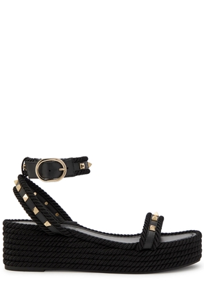 Valentino Garavani Rockstud Torchon Silk Espadrille Wedge Sandals - Black - 40 (IT40 / UK7)