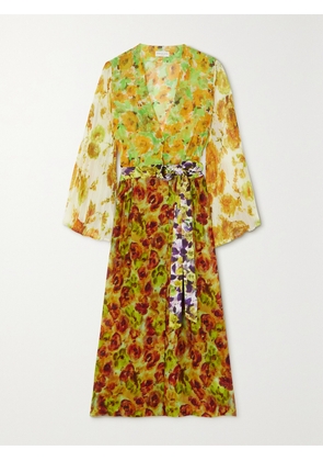 Dries Van Noten - Belted Pleated Floral-print Georgette Midi Wrap Dress - Yellow - FR 34,FR 36,FR 38,FR 40,FR 42,FR 44