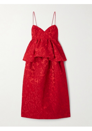 La DoubleJ - Satine Floral-jacquard Matelassé Peplum Midi Dress - Red - xx small,x small,small,medium,large,x large,xx large