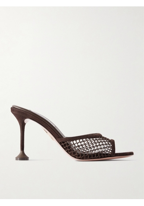 Aquazzura - Bisous 85 Suede-trimmed Fishnet Mules - Brown - IT36,IT36.5,IT37,IT37.5,IT38,IT38.5,IT39,IT39.5,IT40,IT40.5,IT41,IT41.5,IT42