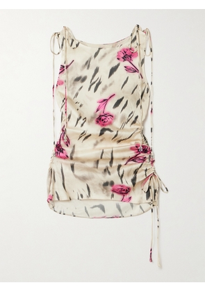 GANNI - Tie-detailed Gathered Printed Satin Top - Multi - EU 32,EU 34,EU 36,EU 38,EU 40,EU 42