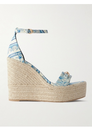 Versace - Embellished Printed Leather Espadrille Wedge Sandals - Blue - IT35,IT35.5,IT36,IT36.5,IT37,IT37.5,IT38,IT38.5,IT39,IT39.5,IT40,IT40.5,IT41