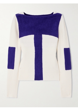 Tory Burch - Two-tone Ribbed Silk-blend Chenille Sweater - Blue - small,medium,large