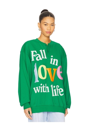 The Mayfair Group Fall in Love With Life Henley Sweatshirt in Green. Size L/XL. Also in S/M, XS.