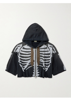 KAPITAL - Frayed Printed Cotton-Jersey Zip-Up Hoodie - Men - Black