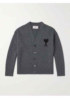 AMI PARIS - Logo-Intarsia Virgin Wool Cardigan - Men - Gray - XS
