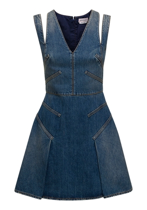 Alexander McQueen V-neck Pleated Denim Mini Dress
