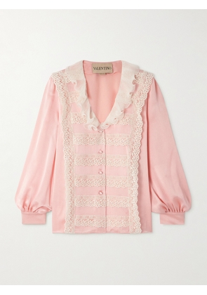 Valentino Garavani - Lace And Plissé Chiffon-trimmed Silk-crepe Blouse - Pink - IT36,IT38,IT40,IT42,IT44,IT46,IT48