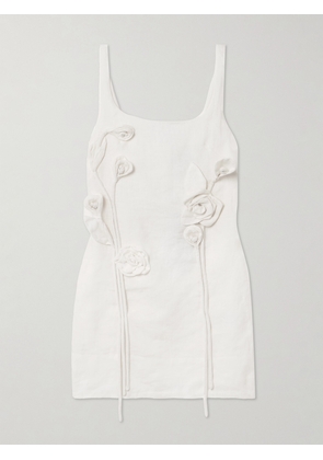 Farm Rio - Floral-appliquéd Linen Mini Dress - Off-white - xx small,x small,small,medium,large,x large
