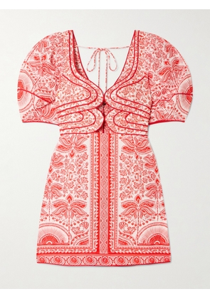 Farm Rio - River Ride Cutout Floral-print Linen-blend Mini Dress - Red - xx small,x small,small,medium,large,x large