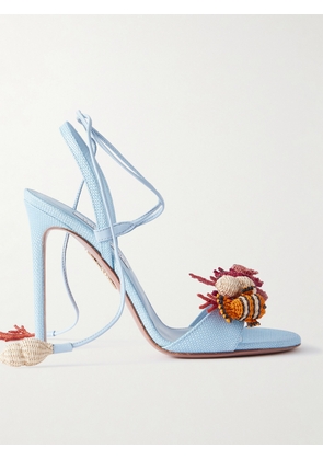 Aquazzura - Marea 105 Leather-trimmed Embellished Raffia Sandals - Blue - IT36,IT36.5,IT37,IT37.5,IT38,IT38.5,IT39,IT39.5,IT40,IT40.5,IT41,IT41.5,IT42