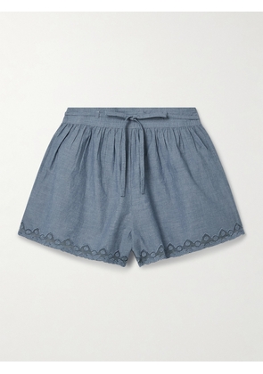Ulla Johnson - Elowen Belted Tulle-trimmed Embroidered Cotton-chambray Shorts - Blue - US0,US2,US4,US6,US8,US10,US12,US16