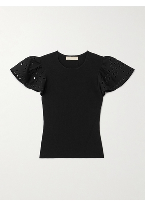 Ulla Johnson - Edith Embroidered Ruffled Ribbed-knit Top - Black - x small,small,medium,large,x large