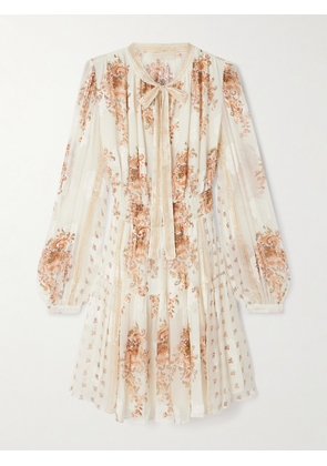 Ulla Johnson - Maris Tie-neck Shirred Gathered Printed Silk-blend Crepon Mini Dress - Cream - US0,US2,US4,US6,US8,US10