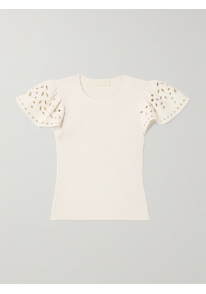 Ulla Johnson - Edith Embroidered Ruffled Ribbed-knit Top - Gold - x small,small,medium,large,x large