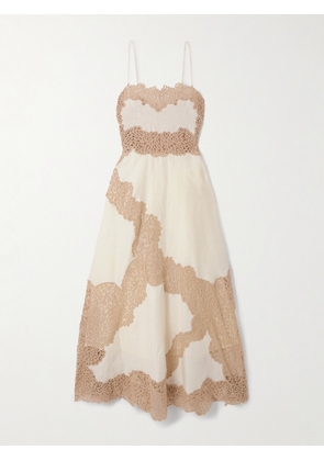 Ulla Johnson - Evangeline Guipure Lace-trimmed Linen Midi Dress - Neutrals - US0,US2,US4,US6,US8,US10,US12