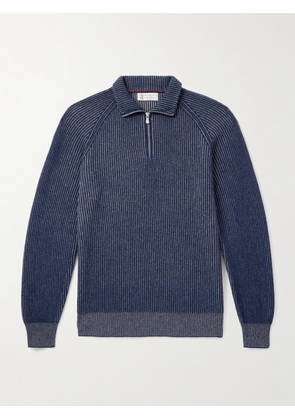 Brunello Cucinelli - Striped Ribbed Cashmere Half-Zip Sweater - Men - Blue - IT 46