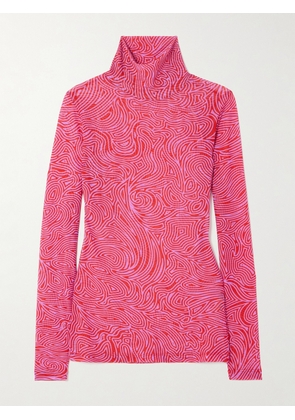 Dries Van Noten - Printed Stretch-mesh Turtleneck Top - Red - x small,small,medium,large